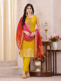 Mustard Yellow Straight Kurta Pant Set with Ombre Banarasi Dupatta