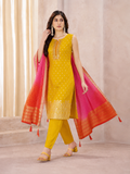 Mustard Yellow Straight Kurta Pant Set with Ombre Banarasi Dupatta