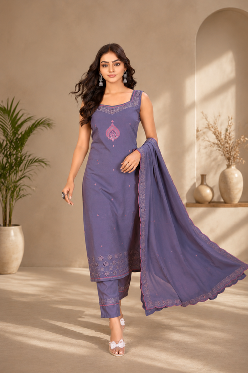 Regal Lavender Embroidered Roman Silk Suit Set with Dupatta