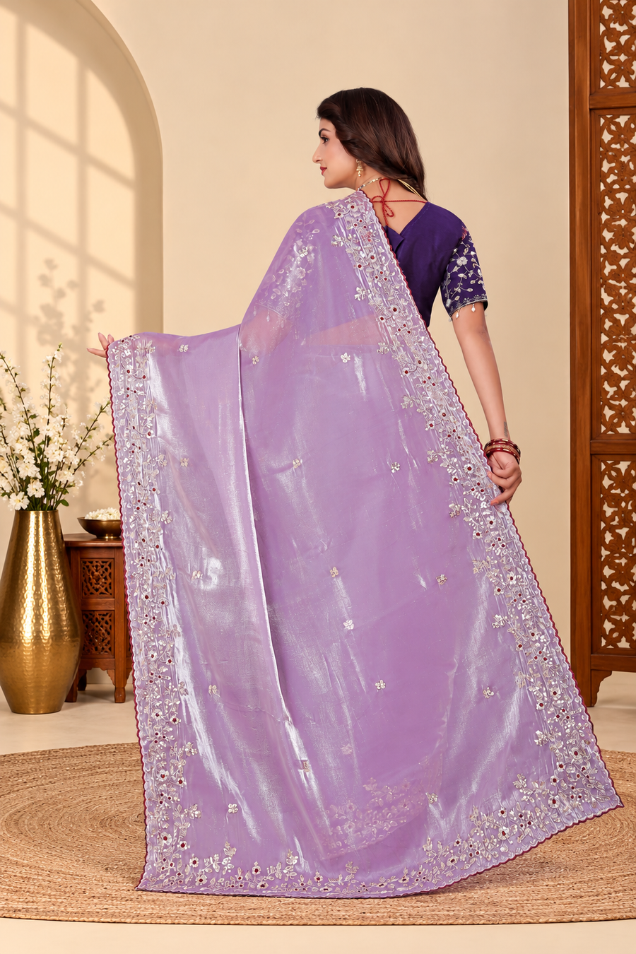 Lavender Fandy Silk Saree with Dark Purple Embroidered Blouse