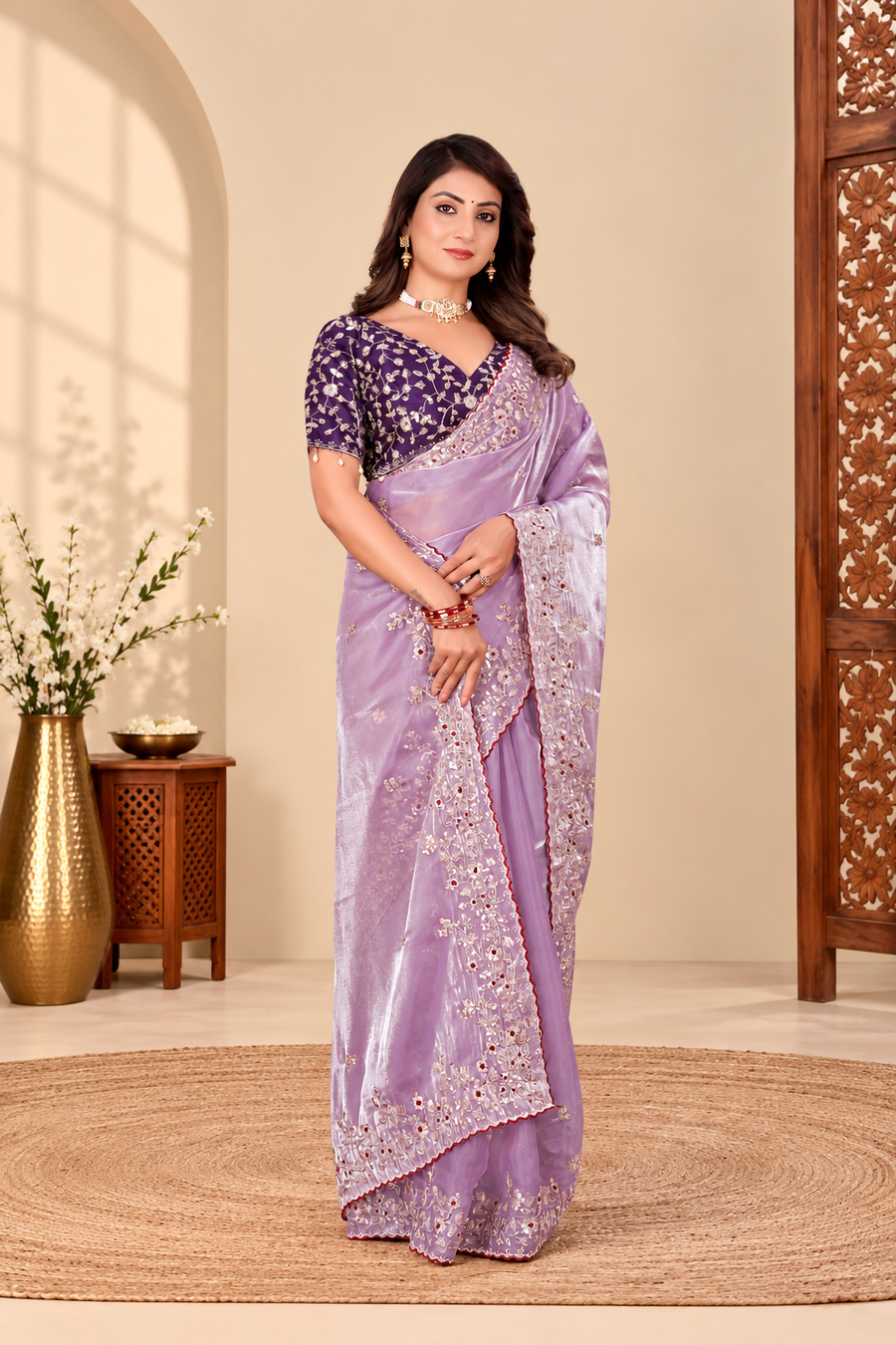 Lavender Fandy Silk Saree with Dark Purple Embroidered Blouse
