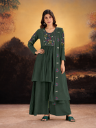 Forest Green Anarkali-Style Short Kurta Sharara Set with Floral Embroidered Yoke
