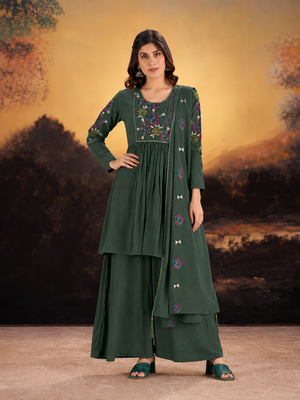 Forest Green Anarkali-Style Short Kurta Sharara Set with Floral Embroidered Yoke