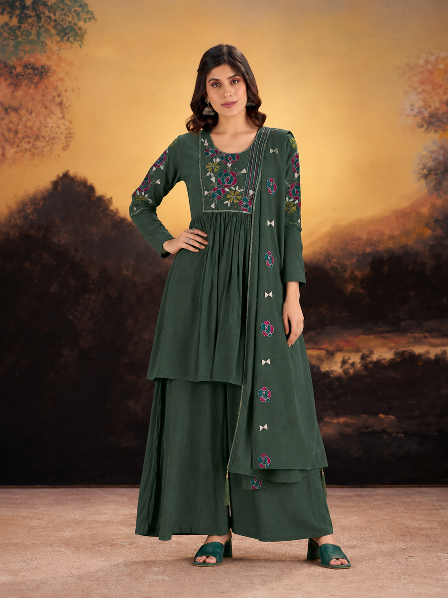Forest Green Anarkali-Style Short Kurta Sharara Set with Floral Embroidered Yoke