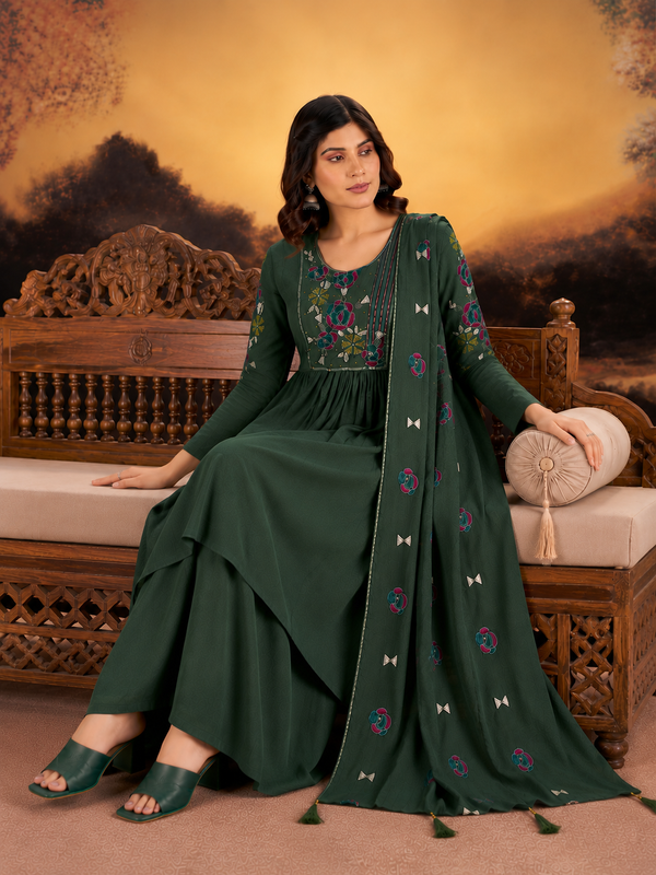 Forest Green Milano Silk Anarkali-Style Short Kurta Sharara Set with Floral Embroidered Yoke