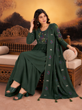 Forest Green Anarkali-Style Short Kurta Sharara Set with Floral Embroidered Yoke