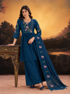 Teal Blue Anarkali-Style Short Kurta Sharara Set with Floral Embroidered Yoke