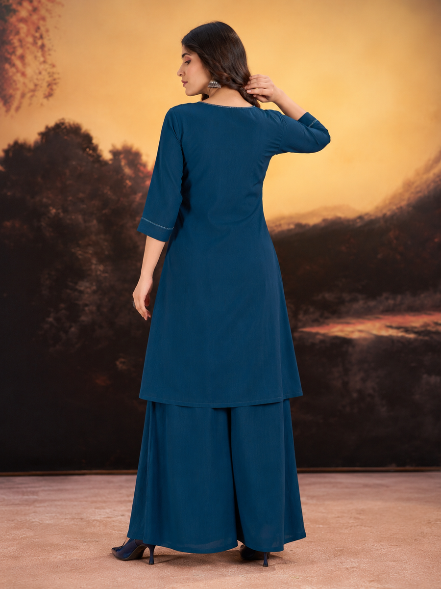 Teal Blue Milano Silk Anarkali-Style Short Kurta Sharara Set with Floral Embroidered Yoke