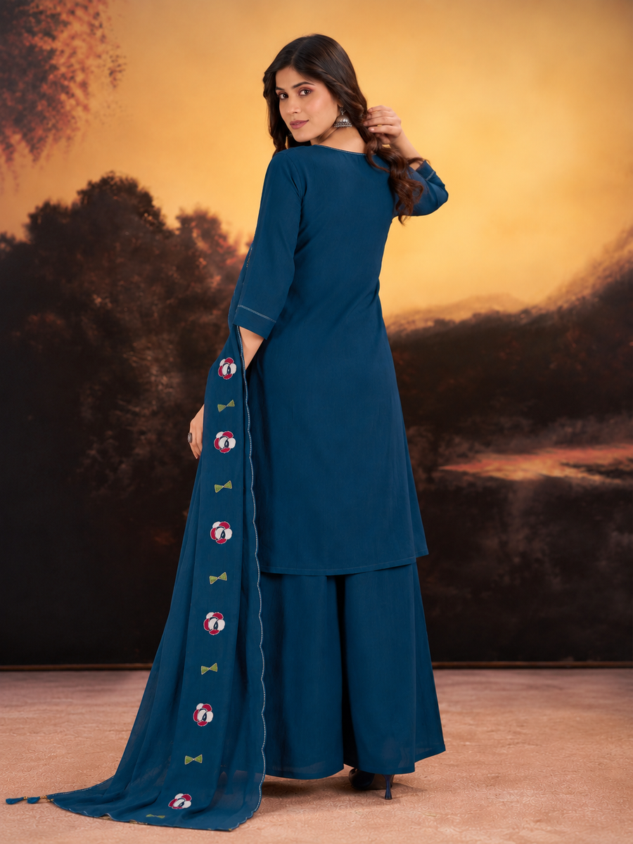 Teal Blue Milano Silk Anarkali-Style Short Kurta Sharara Set with Floral Embroidered Yoke