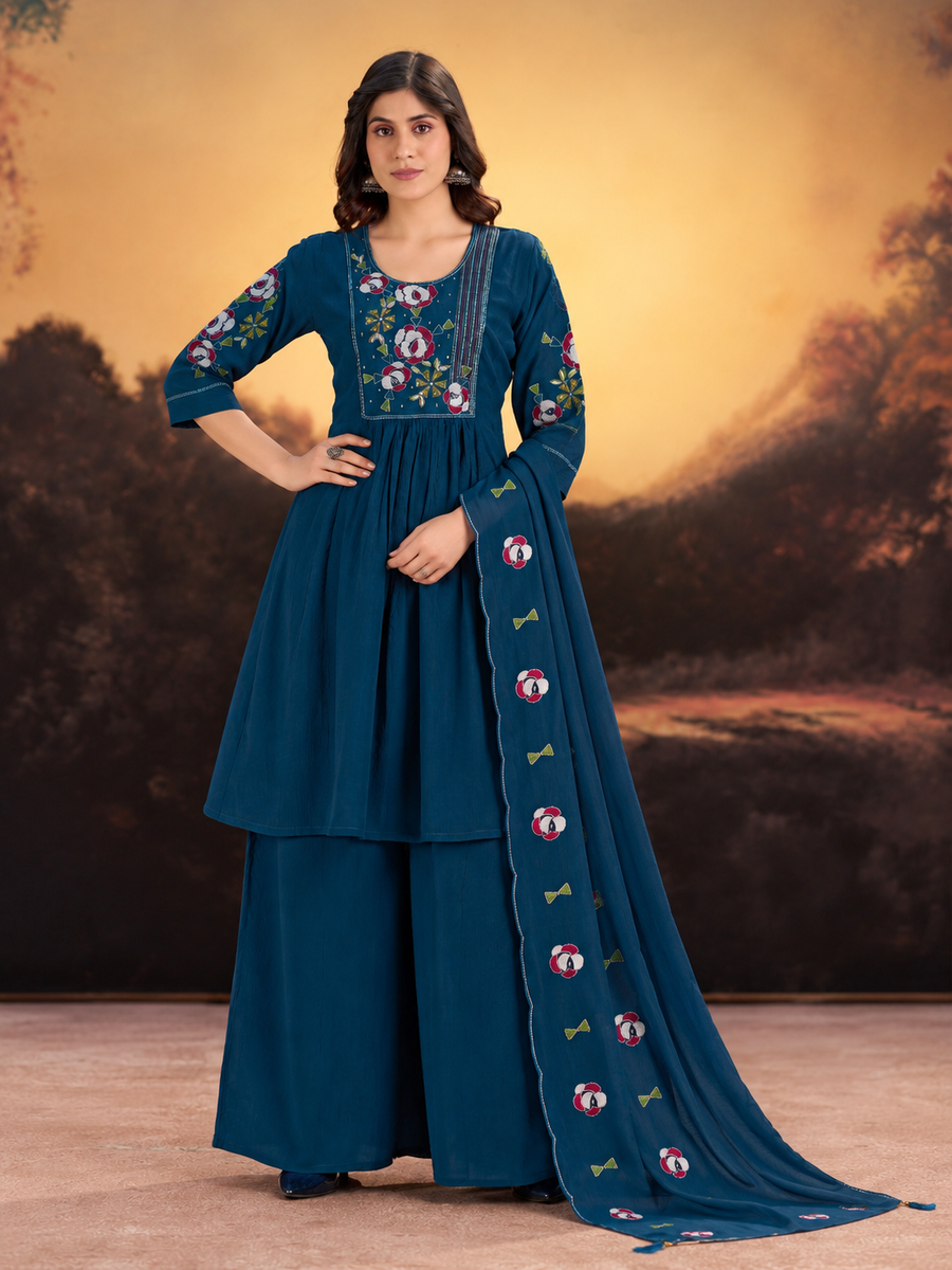Teal Blue Milano Silk Anarkali-Style Short Kurta Sharara Set with Floral Embroidered Yoke