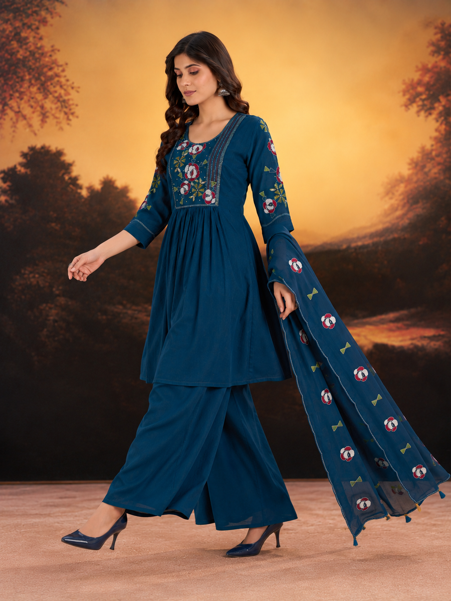 Teal Blue Milano Silk Anarkali-Style Short Kurta Sharara Set with Floral Embroidered Yoke