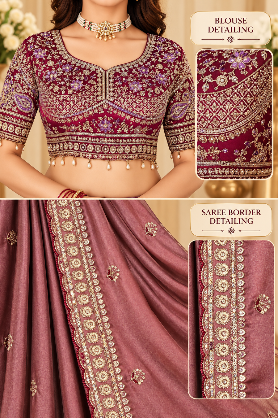 Dusty Mauve Rangoli Silk Saree with Embroidered Blouse