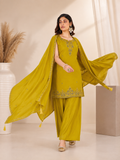 Mustard Yellow Roman Silk Embroidered Kurta Palazzo Set with Dupatta.