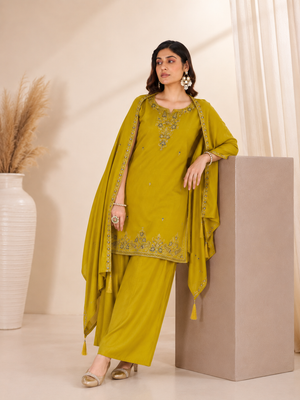 Mustard Yellow Roman Silk Embroidered Kurta Palazzo Set with Dupatta.