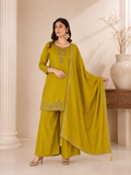 Mustard Yellow Roman Silk Embroidered Kurta Palazzo Set with Dupatta.