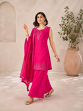 Magenta Pink Roman Silk Embroidered Sleeveless Kurta Palazzo Set with Dupatta.