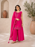 Magenta Pink Roman Silk Embroidered Sleeveless Kurta Palazzo Set with Dupatta.