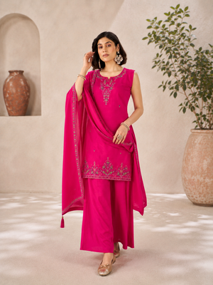 Magenta Pink Roman Silk Embroidered Sleeveless Kurta Palazzo Set with Dupatta.