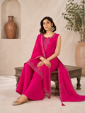 Magenta Pink Roman Silk Embroidered Sleeveless Kurta Palazzo Set with Dupatta.