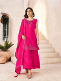 Magenta Pink Roman Silk Embroidered Sleeveless Kurta Palazzo Set with Dupatta.