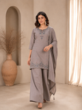 Taupe Grey Roman Silk Embroidered Kurta Palazzo Set with Dupatta