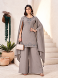 Taupe Grey Roman Silk Embroidered Kurta Palazzo Set with Dupatta