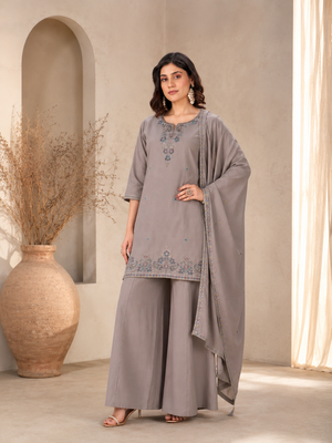Taupe Grey Roman Silk Embroidered Kurta Palazzo Set with Dupatta