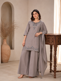 Taupe Grey Roman Silk Embroidered Kurta Palazzo Set with Dupatta