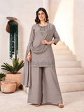 Taupe Grey Roman Silk Embroidered Kurta Palazzo Set with Dupatta