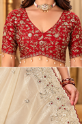 Champagne Cream Fandy Silk Saree with Red Embroidered Blouse