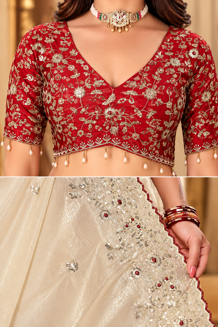 Champagne Cream Fandy Silk Saree with Red Embroidered Blouse