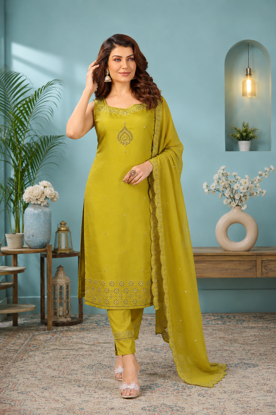 Lime Zest Embroidered Roman Silk Suit Set with Dupatta