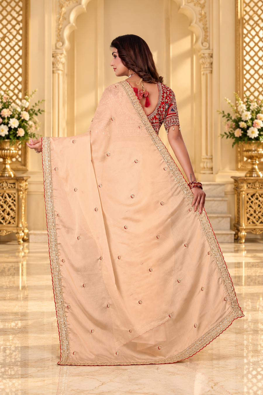 Ivory Rangoli Silk Saree with Embroidered Wine Blouse