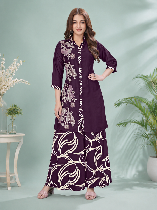 Royal Plum Pure Gaji Silk Printed Kurta & Palazzo Set