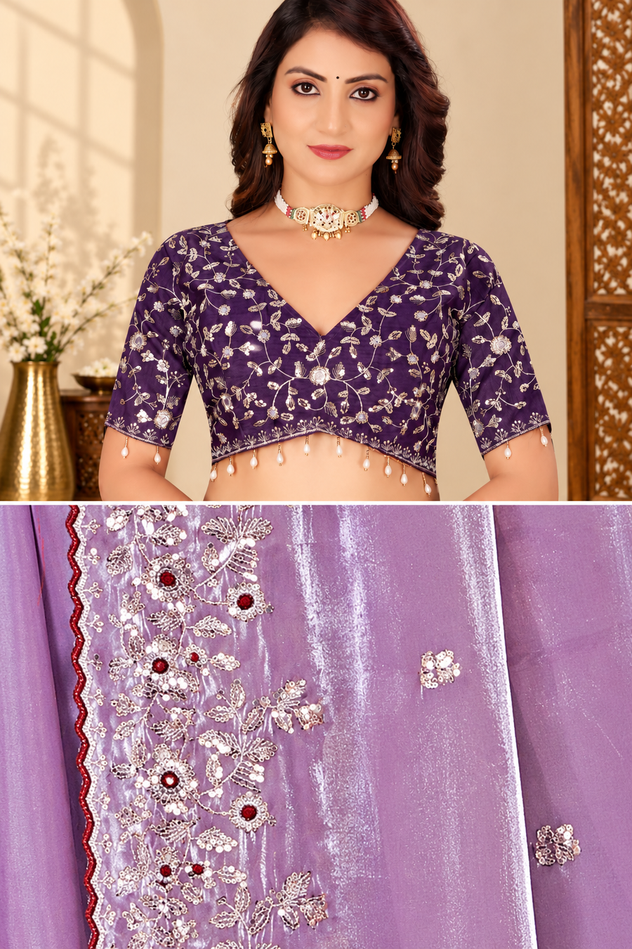 Lavender Fandy Silk Saree with Dark Purple Embroidered Blouse