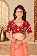 Coral Peach Fandy Silk Saree with Maroon Embroidered Blouse