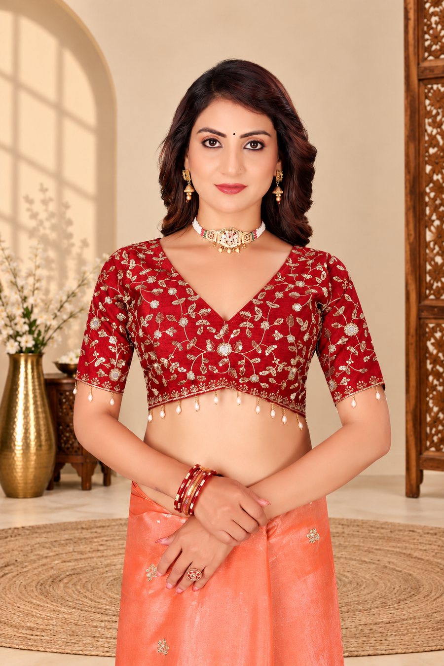 Coral Peach Fandy Silk Saree with Maroon Embroidered Blouse