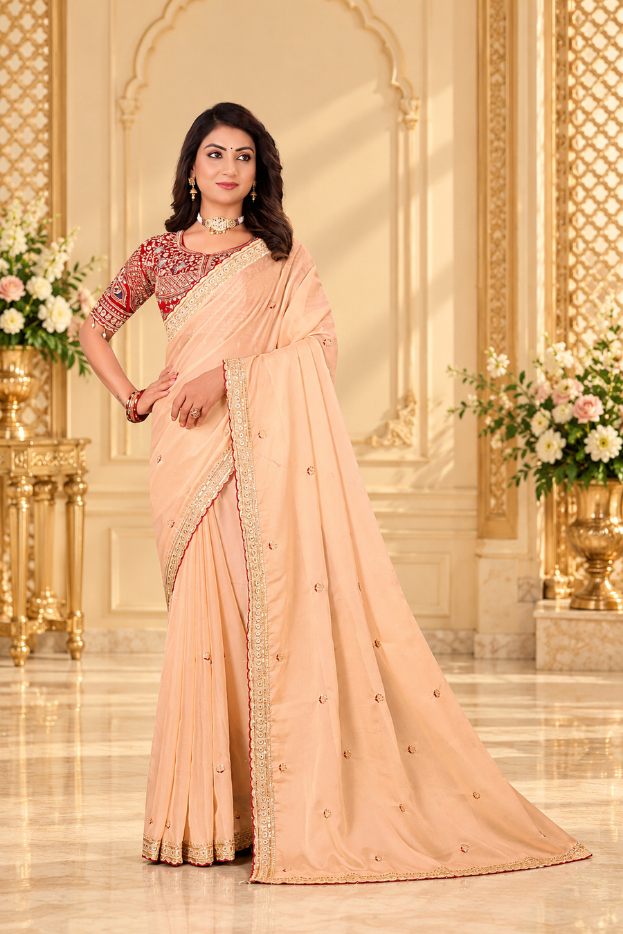 Ivory Rangoli Silk Saree with Embroidered Wine Blouse