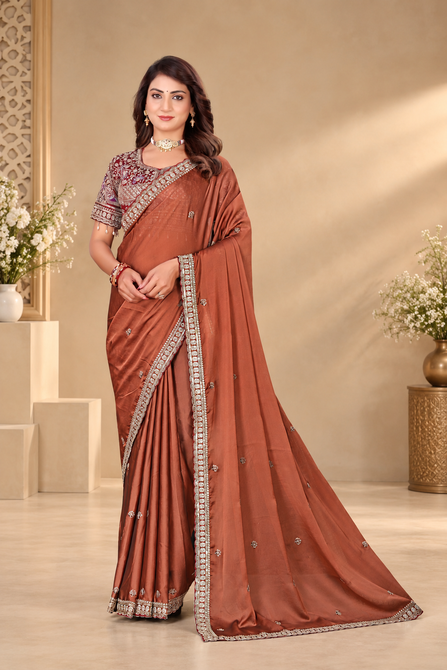 Caramel Brown Rangoli Silk Saree with Wine Embroidered Blouse