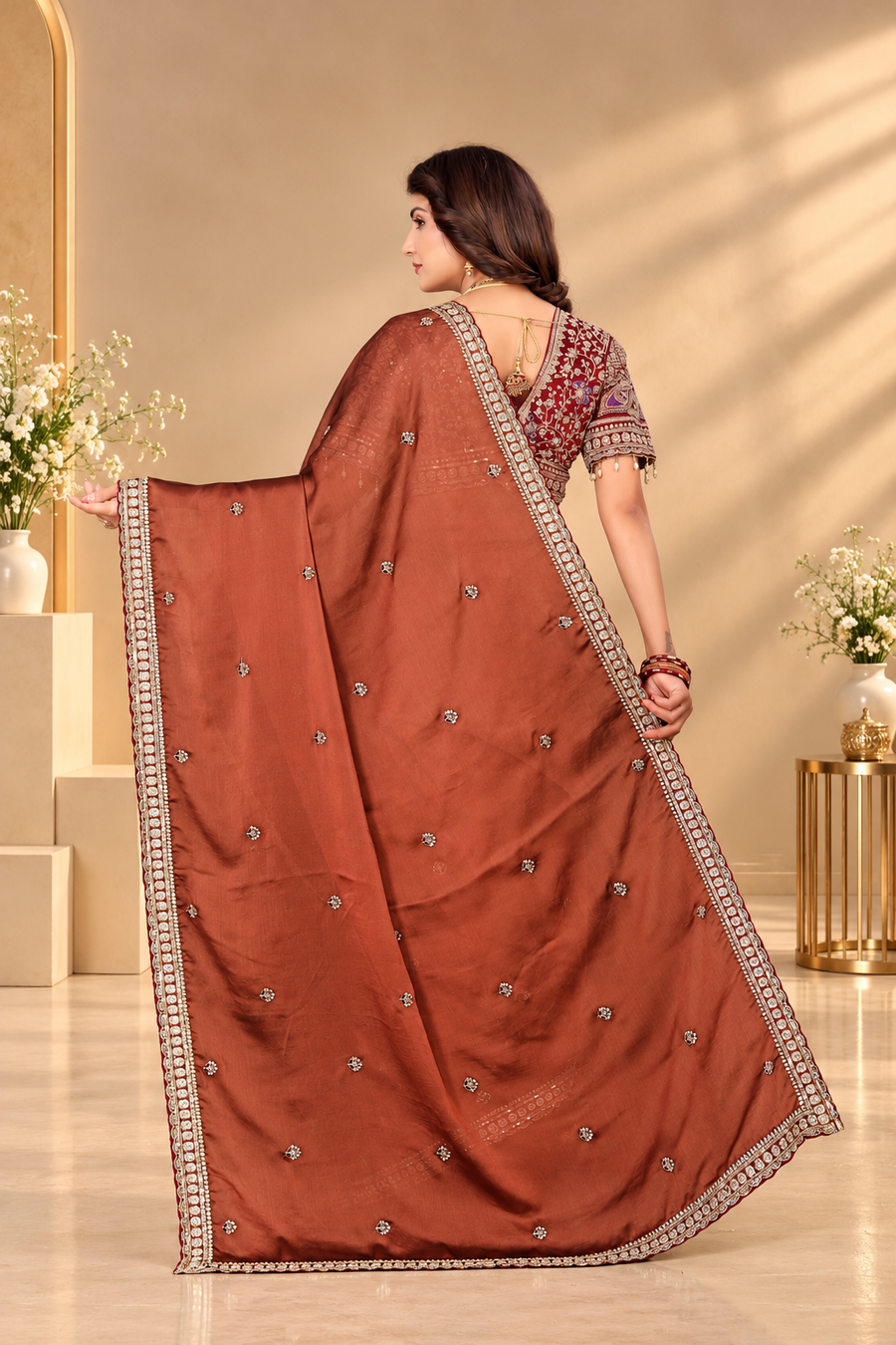 Caramel Brown Rangoli Silk Saree with Wine Embroidered Blouse