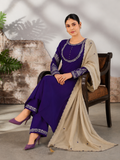 Deep Indigo Purple Roman Silk Anarkali Kurta Palazzo Set with Cream Dupatta