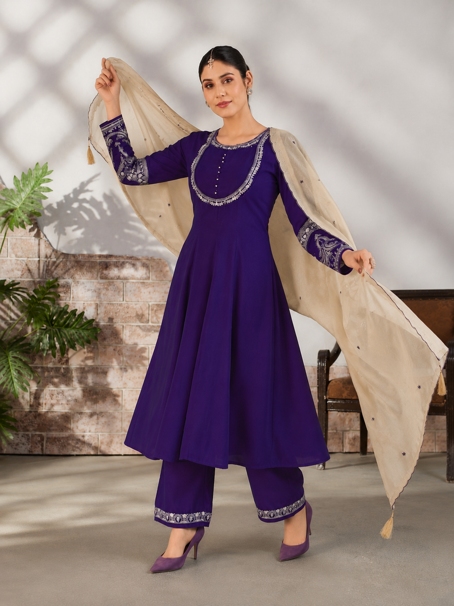 Deep Indigo Purple Roman Silk Anarkali Kurta Palazzo Set with Cream Dupatta