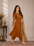 Chestnut Brown Roman Silk Anarkali Kurta Palazzo Set with Beige Dupatta