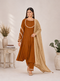 Chestnut Brown Roman Silk Anarkali Kurta Palazzo Set with Beige Dupatta