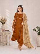 Chestnut Brown Roman Silk Anarkali Kurta Palazzo Set with Beige Dupatta