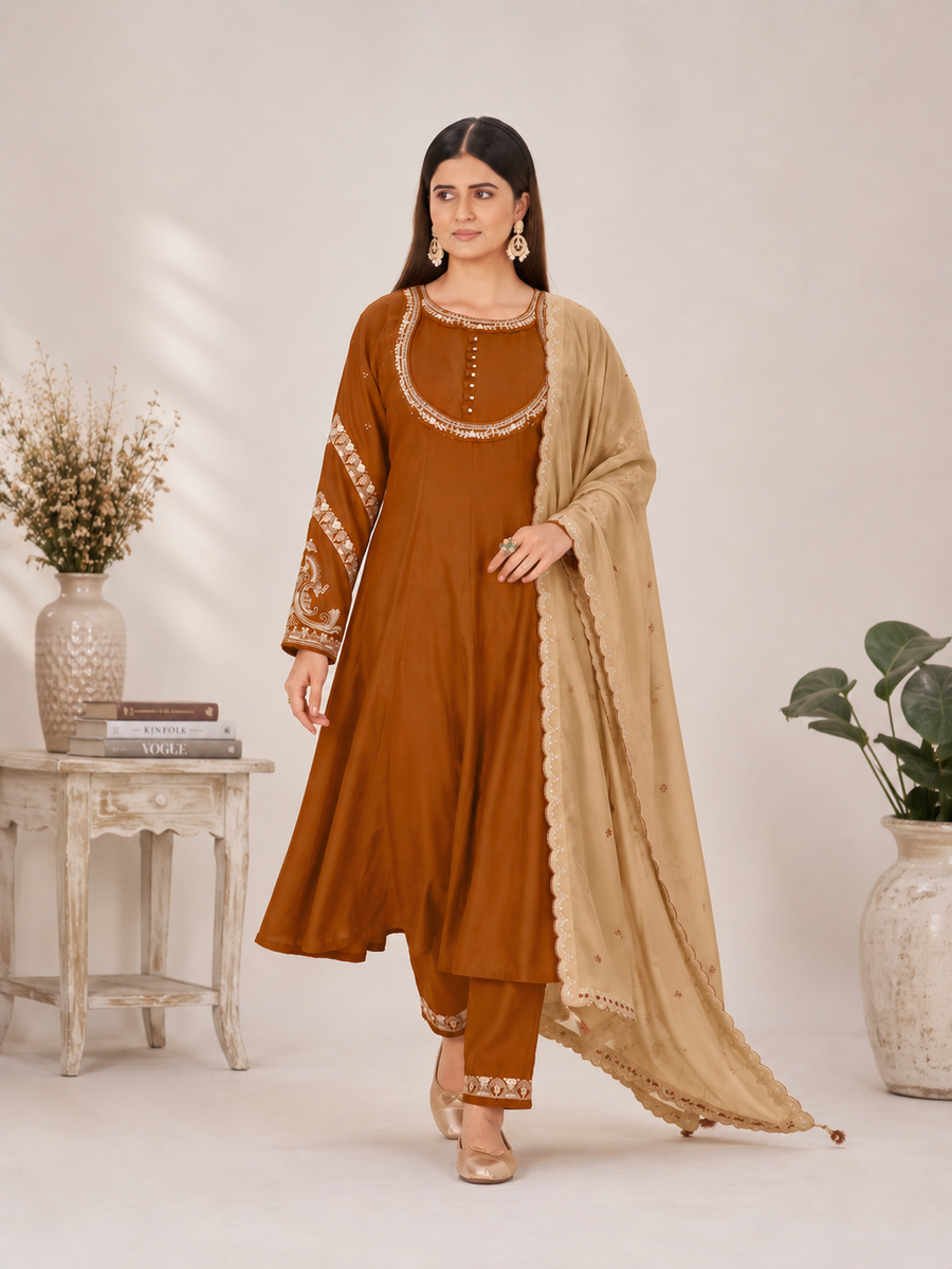 Chestnut Brown Roman Silk Anarkali Kurta Palazzo Set with Beige Dupatta