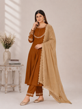 Chestnut Brown Roman Silk Anarkali Kurta Palazzo Set with Beige Dupatta
