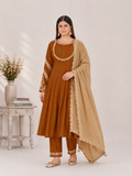 Chestnut Brown Roman Silk Anarkali Kurta Palazzo Set with Beige Dupatta