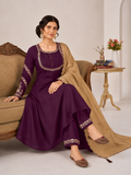 Wine Purple Roman Silk Anarkali Kurta Palazzo Set with Beige Dupatta