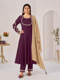 Wine Purple Roman Silk Anarkali Kurta Palazzo Set with Beige Dupatta